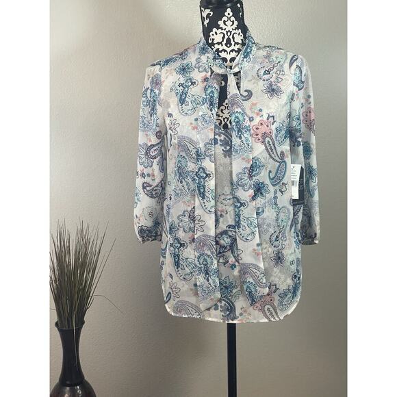 Almost Famous Boho Blouse,Wrinkle Resistant, Three-Quarter Sleeve, Aqua, White S - Picture 11 of 11
